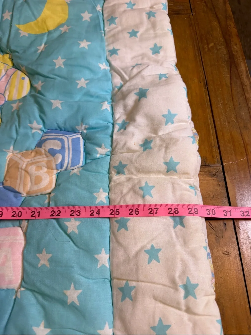 Vintage 80s 90s Baby Crib Comforter Teddy Bear Rocking Horse Moon Stars Pastel
